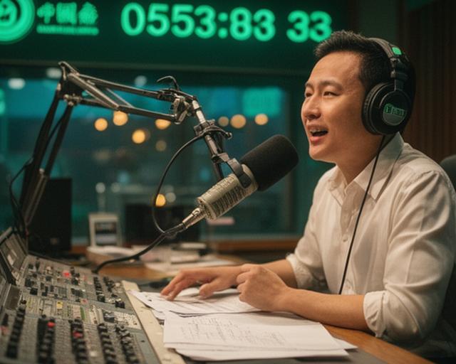 广州越秀区广播电台演播室，专业主持人戴着耳机在直播台前播报本地新闻，背景显示电台频率标识